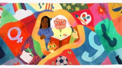 The International Women’s Day Doodle showcases a diverse group of women passing down wisdom through generations, depicted within a quilt adorned with symbols representing progress achieved over time.