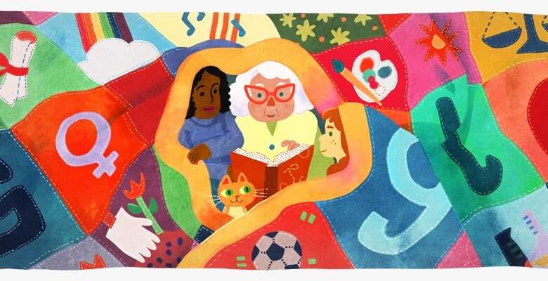 The International Women’s Day Doodle showcases a diverse group of women passing down wisdom through generations, depicted within a quilt adorned with symbols representing progress achieved over time.